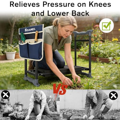 Garden Kneeler and Seat with Umbrella, 2-in-1 Foldable Gardening Stool with Adjustable Bracket, Detachable Tool Bags, Heavy Duty Kneeling Pad for Gardening (Beige Blue) - color: Beige & Blue