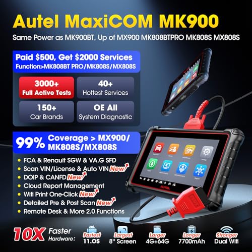 Autel MK900 Scanner, 2026 OBD2 Diagnostic Tool Up of MK808S MX808S MK808BT, Works as MaxiCOM MX900 MK900BT MK900-BT w/ 3000+ Bidirectional Active Tests, All System, 40+ Resets, DOIP CANFD, FCA