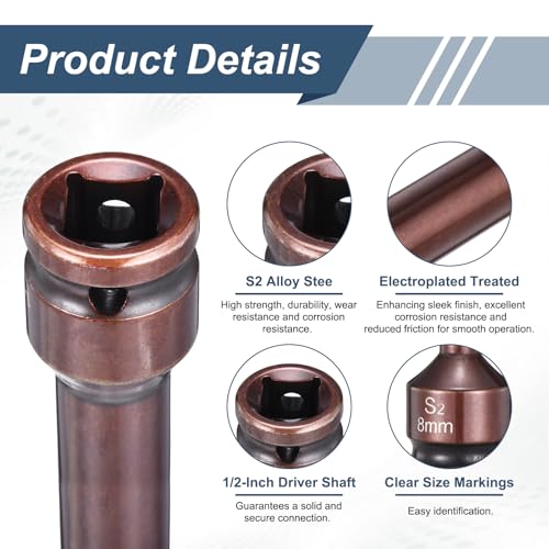 HARFINGTON 2pcs Impact Hex Bit Socket 1/2" Drive 8H (8mm) Hex Bits 6" Length S2 Steel Metric Impact Wrench Socket Adapter Tool for Automotive Repair Industrial Construction and Home DIY - size: H8 x 1/2" x 6"