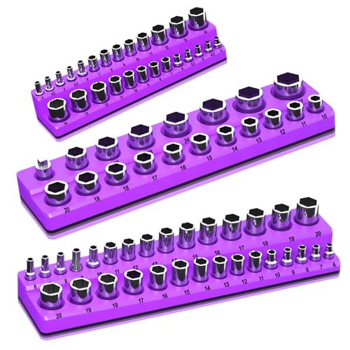 Magnetic Socket Organizer Set, 3-Piece Socket Holder Trays for 1/4" 3/8" 1/2" Drive Sockets, Organizes 68 Metric Sockets, Purple Tool Box Organizer (Sockets Not Included) - color: Deep Purple