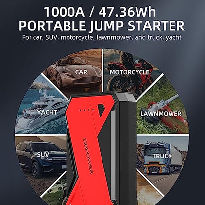 DBPOWER 1000A Portable Car Jump Starter (UP to 7.0L Gas, 5.5L Diesel Engine), 12V Lithium-Ion Auto Battery Booster, Power Pack with LCD Screen Clamp Cables,USB Quick Charge, LED Flashlight