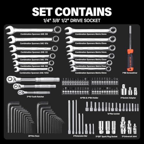 264-Piece Mechanics Tool Set, SAE & Metric Impact Socket Set, 1/2'', 1/4'', 3/8'' Drive, Deep & Shallow, CR-V Steel, with 90-Tooth Ratchet, Extension Bar, Universal Joint, with Molded Case - size: 264pcs 1/4", 3/8", 1/2"