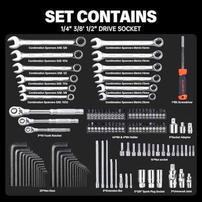264-Piece Mechanics Tool Set, SAE & Metric Impact Socket Set, 1/2'', 1/4'', 3/8'' Drive, Deep & Shallow, CR-V Steel, with 90-Tooth Ratchet, Extension Bar, Universal Joint, with Molded Case - size: 264pcs 1/4", 3/8", 1/2"