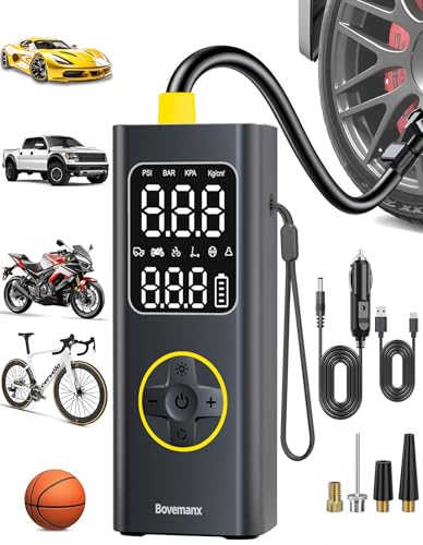 Car Tire Air Pump Portable Air Compressor, 150 PSI Cordless Tire Inflator Battery for Inflating/Charging with 12V DC Cord, Digital Gauge, Led Light for Car, Motorcycle, Bike, Balls and More (Yellow) - color: Yellow