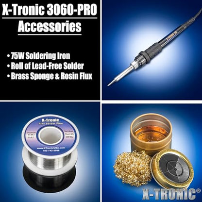 X-Tronic 3060-PRO - 75 Watt Soldering Iron Station with Mini Mag Lamp & 4 Helping Hands - 2 Digital LED Displays, 3 Temp Presets, Sleep Func, C/F Func, Brass Sponge w/Flux & Wet Sponge - style: PRO - w/1 Soldering Tip