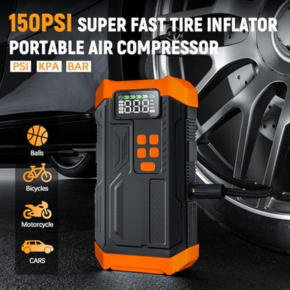 5000A Jump Starter with Air Compressor,Car Jumper Starter Portable with 150PSI Tire Inflator 12V Jump Box with LCD Display,Flashlight,Storage Case (Up 9L Gas/8L Diesel Engine（Orange - style: AORANGE