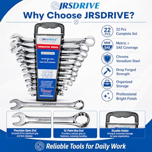 22 Piece Combination Wrench Set SAE & Metric Tool Kit CR-V Steel Mechanic Tool Set with Wrench Organizer Pro Tools for Tool Box Pipe Wrench & Torque Wrench Compatible 1/4" to 7/8" & 8-22mm