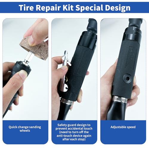 2500rpm Low-Speed Air Tire Repair Kit, Pneumatic Tire Buffer, Tire Patch Roller, Inner Liner Scraper, Tungsten Steel Buffing Wheels (42mm & 55mm) with Quick-Change Chuck, Variable Speed Throttle