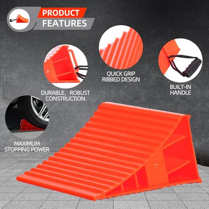 Homeon Wheels Large RV Wheel Chocks, 2-Pack Extra-Wide with Handle, Red | Built-In Rope Keeps Chocks Within Reach - color: Red Large Chocks