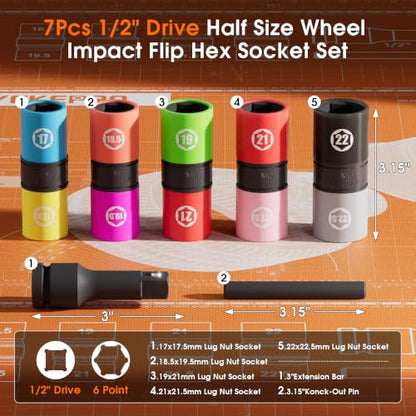 7PCS Half Size Lug Nut Flip Socket Set, 1/2" Drive Impact Sockets | Thin Wall Impact Deep Socket Kit 17/17.5-22/22.5mm, for Swollen & Damaged Lug Nuts, Metric, CR-MO Steel