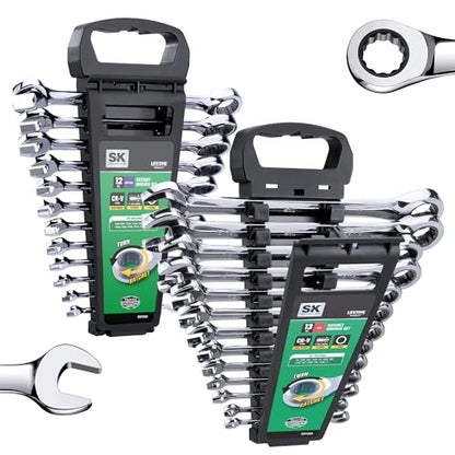 SK Ratcheting Wrench Set, Combination Wrench Set, 25-Piece, SAE 1/4" to 1", Metric 8 to 19mm, 72-Tooth, Premium CR-V Construction, with Rack Organizer - size: Metric&SAE