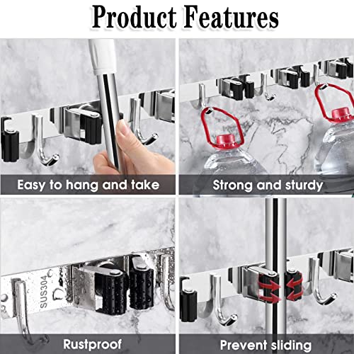 2 Pack Broom Holder Wall Mount, 5 Racks 4 Hooks Mop and Broom Organizer | Mop Holder Wall Mount and Broom Hanger for Garage, Laundry Room, Kitchen and Utility Storage - color: 5 Racks & 4 Hooks (Silver) - 2 Pack