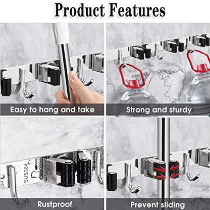 2 Pack Broom Holder Wall Mount, 5 Racks 4 Hooks Mop and Broom Organizer | Mop Holder Wall Mount and Broom Hanger for Garage, Laundry Room, Kitchen and Utility Storage - color: 5 Racks & 4 Hooks (Silver) - 2 Pack