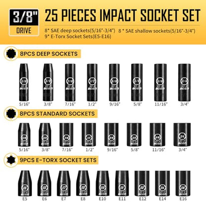 BOEN 3/8" Drive Impact Socket Set, 59-Piece Standard SAE (5/16 to 3/4 inch) and Metric (6-22mm), Include 9-Piece E-Torx Socket Set (E5-E16) 丨Ratchet Handle, Extension Bar, Universal Joint, Adapter