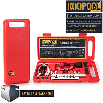 KOOPOOL Double & Single Flaring Tool Kit for Brake Line HVAC System with Tube Cutter Extra 7 Adapters,Brass Copper Pipe 45 Degrees Flaring Tool - size: 10PCS