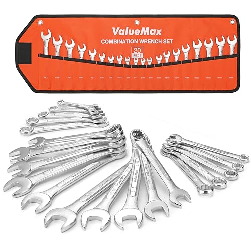 ValueMax Mechanics Wrench Set Metric and Standard, 20PCS Complete Combination Wrenches Roll Set. SAE 1/4" to 3/4", Metric 6mm to 18mm, Full Wrench Set with Roll up Pouch