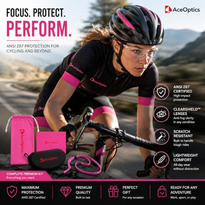 Safety Glasses – ANSI Z87 Certified, 5X Anti-Fog ClearShield™ Lenses with Premium Hard Case & Accessory Bundle - color: Pink & White / Clear