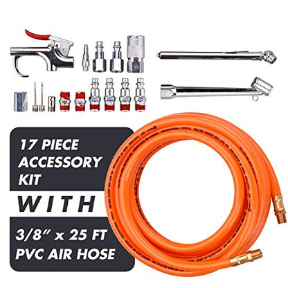 3/8" X 25ft PVC Air Compressor Hose Kit With 17 Piece Air Tool and Air Compressor Accessories Kit