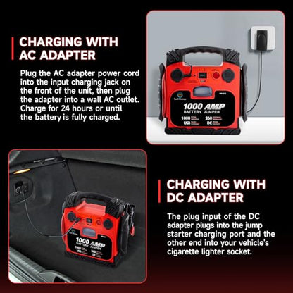 Car Battery Jump Starter with Air Compressor Portable Tire Inflator,260PSI 1000Amp Battery Booster Jumper Box(Up to 5L Gas or 5L Diesel) Power Station 12V DC Outlet USB Port,LED Light - style: HH635