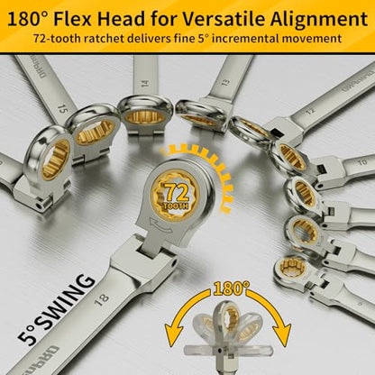 GRENPRO 23PCS Flex-Head Ratcheting Wrench Set, Combination Ratchet Wrenches Set Metric and Standard & SAE with Organizer Box, 6-18mm & 1/4" to 3/4" with Color Ring, Nickel Plating Socket Mechanic Tool - style: 23PCS Nickel Flex-Head Ratcheting Wrench Set