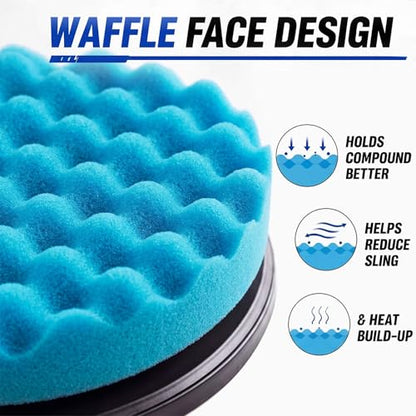 Marsui 9 Pcs Polishing Pads Kit 8 Inch Waffle Foam Buffing Pads 7 Inch Wool Pad Car Foam Buffing Sponge Pad Kit with 5/8 Inches Backing Plate for Car Waxing Polishing