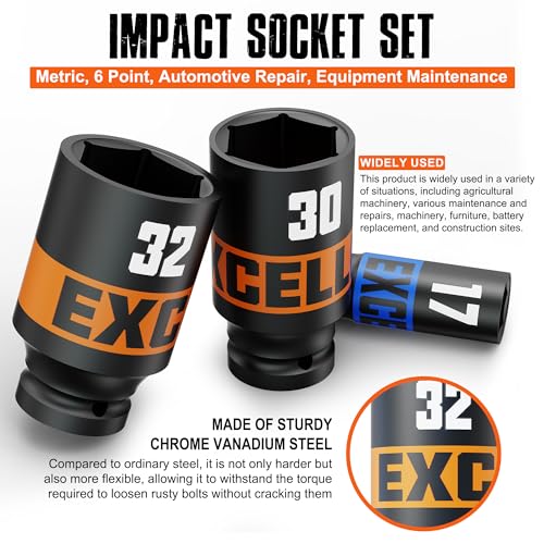 16 Piece 1/2-Inch Drive Impact Socket Set, 10-32mm Deep Sockets, 6 Point Metric Sockets for Automotive Repair, Equipment Maintenance - size: 1/2 Inch Metric Large