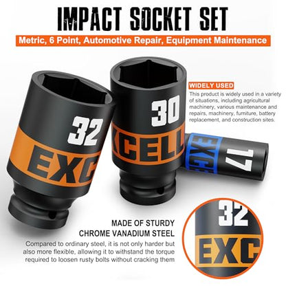 16 Piece 1/2-Inch Drive Impact Socket Set, 10-32mm Deep Sockets, 6 Point Metric Sockets for Automotive Repair, Equipment Maintenance - size: 1/2 Inch Metric Large