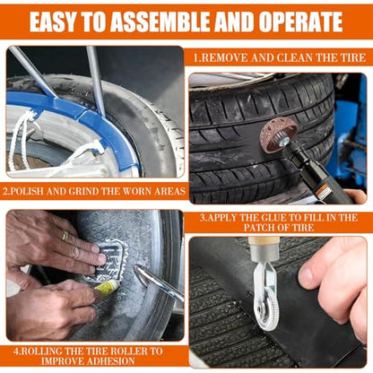 Air Tire Repair Polish Patch Tools Tire Repair Set Include 2500rpm Low Speed Air Tire Buffer Tire Inner Liner Scrapper Patch Roller 3pcs Tungsten Steel Buffing Wheel 42mm 55mm