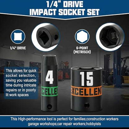 1/4" Drive Impact Socket Set, 50-Piece Standard SAE (5/32" - 9/16") and Metric (4 mm - 15 mm) Size, Deep and Shallow Sockets, 6 Point, Auto Repair Bicycle Maintenance and Furniture Assembly - size: 1/4 Inch Metric/SAE