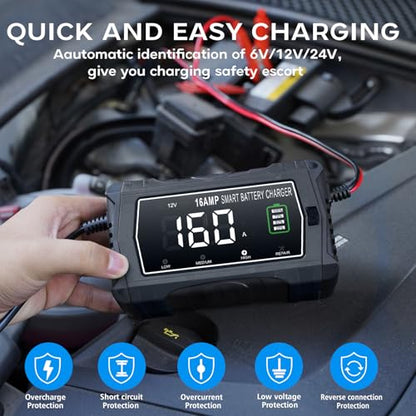lifepo4 Charger 16-Amp Fully-Automatic Maintain,6V/12V/24V Lead-Acid(AGM/Gel/SLA)/Lithium lron LiFePO4 Trickle Charger,Pulse Repair Car Battery Charger,Deep Cycle