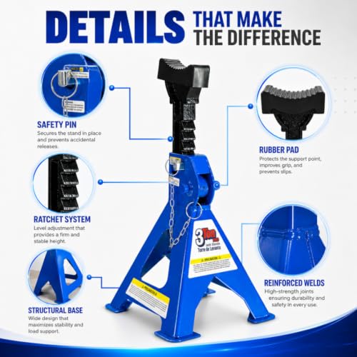 Hantec Jack Stands 3 Ton (6,600 lbs) Pro – Double Safety System, Non-Slip Rubber Pad, Heavy-Duty Steel, 1 Pair for Cars, SUVs and Trucks - Blue