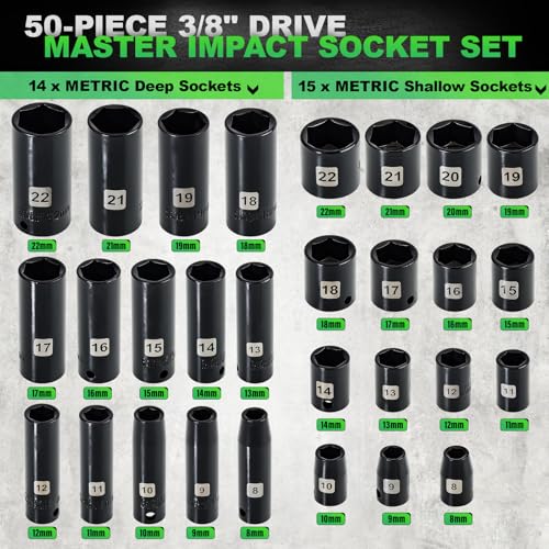 3/8" Drive Impact Socket Set, 50 Piece Standard SAE (5/16 to 3/4 inch) and Metric (8-22mm) 6 Point, Extension Bars, Impact Universal Joint, Adapter, Cr-V Steel
