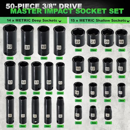3/8" Drive Impact Socket Set, 50 Piece Standard SAE (5/16 to 3/4 inch) and Metric (8-22mm) 6 Point, Extension Bars, Impact Universal Joint, Adapter, Cr-V Steel