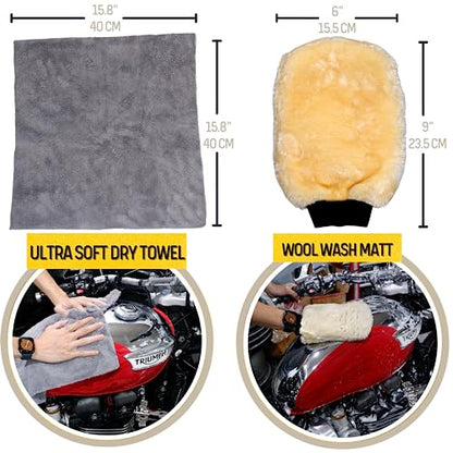 oesee Motorcycle Cleaning Kit 6 Pack Design for Chrome, Woolies Brush, Wool Wash Mitt, Tire&Chain Brush, Detailing Brush& Ultra Plush Towel for Motorcycle& Bike Chrome Painted, Rims, Exhaust, Surface - size: Grey(6 Pack)