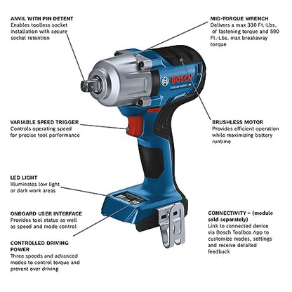 BOSCH GDS18V-330PCN 18V Brushless 1/2 In. Mid-Torque Impact Wrench with Pin Detent (Bare Tool) - style: Tool Only w/ Pin Detent