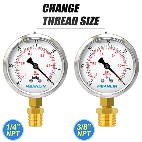 MEANLIN MEASURE -30inHG~0Psi Stainless Steel 1/8" NPT 2.5" FACE DIAL Vacuum Pressure Gauge, Lower Mount, with 1/4" NPT and 3/8" NPT Hex Bushing - size: -30inHG-0Psi