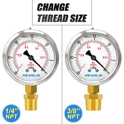 MEANLIN MEASURE -30inHG~0Psi Stainless Steel 1/8" NPT 2.5" FACE DIAL Vacuum Pressure Gauge, Lower Mount, with 1/4" NPT and 3/8" NPT Hex Bushing - size: -30inHG-0Psi