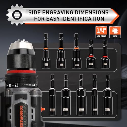 COMOWARE Magnetic Impact Nut Driver Set, 55Pcs Deep Nut Driver Set, Metric/SAE Sockets, Bit Extension, 1/4'' Quick Change, Cr-V Steel for Automotive & Industrial Use