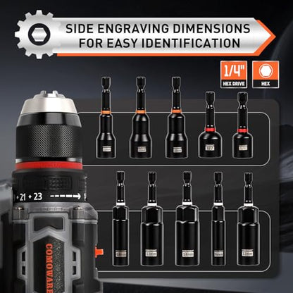 COMOWARE Magnetic Impact Nut Driver Set, 55Pcs Deep Nut Driver Set, Metric/SAE Sockets, Bit Extension, 1/4'' Quick Change, Cr-V Steel for Automotive & Industrial Use