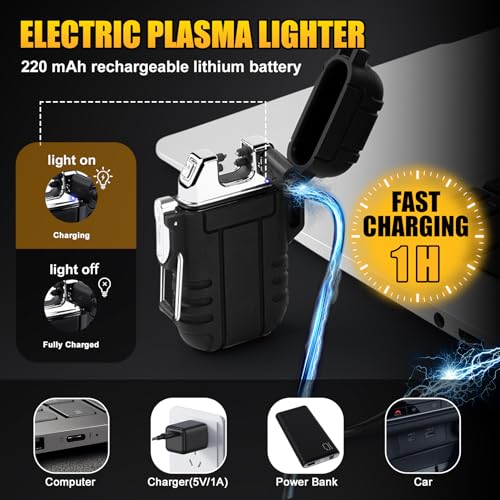 LcFun Electric Lighter Windproof Dual Arc USB Rechargeable Flameless Plasma Lighters Waterproof Matches for Camping Hiking Survival Tactical Gear Birthday Gifts for Men Husband - color: Black