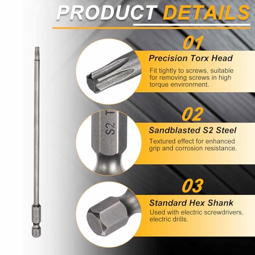 HARFINGTON 10pcs T15 Torx Head Screwdriver Bit 1/4" Hex Shank 6" (150mm) Long Magnetic No Hole Tip Tamper Proof 6 Point Star Screw Driver Drill Bits S2 Steel Industrial Power Screwdrivers - size: T15 x 6"