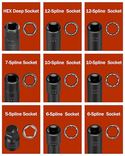 10-Piece Spline Lug Nut Socket Set, 1/2" Drive for Spike Lug Nuts | Fits Aftermarket Lug Nuts with 5, 6, 7, 10, or 12 Splines; Includes 9 CR-V Steel Keys and a 3-Inch Extension