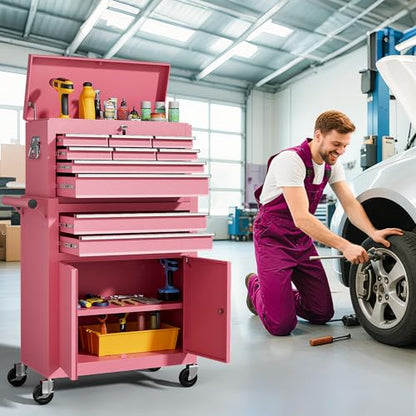 10-Drawer Rolling Tool Chest with Wheels, Rolling Tool Chest Heavy Duty, 2 in 1 Lockable Tool Box with Drawers, High-Capacity Mechanic Tool Organizer, Adjustable Shelf & Detachable Top Cabinet - color: Pink