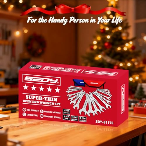 19-Piece Super Thin Open-End Wrench Set, SAE 1/4"-1-1/16" & Metric 5.5–27 mm, 3 mm Thickness Slim Wrench Set for Tight Spaces, Nickel Plated Flat Wrenches with Red & Blue Rolling Storage Pouches - style: 19-Pc MM/SAE (3mm Super Thin)