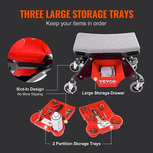 VEVOR Mechanic Stool 300 LBS Capacity Garage Stool Gift for Men, Heavy Duty Rolling Mechanics Seat, with Three Slide Out Tool Trays and Drawer, Tools for Automotive Auto Repair | Auto Repair Heavy Duty Plastic Rolling Mechanics Seat with Cushion, Three Sl