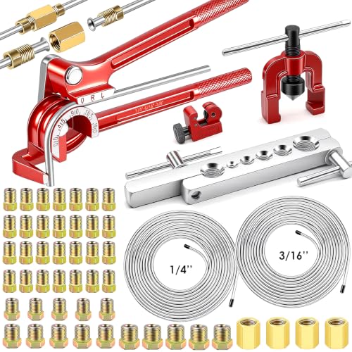 smseace 55Pack 3/16 Inch+1/4 Inch Brake line kit include 25 FT Zinc-plated brake lines with fitting(32pcs Fittings,4pcs Union+8pcs Nut) brake line bender,Single flare tool,cutter Brake line kit - color: Silver-A, size: 3/16inch+1/4inch