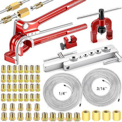smseace 55Pack 3/16 Inch+1/4 Inch Brake line kit include 25 FT Zinc-plated brake lines with fitting(32pcs Fittings,4pcs Union+8pcs Nut) brake line bender,Single flare tool,cutter Brake line kit - color: Silver-A, size: 3/16inch+1/4inch