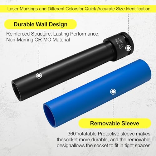 1/2"Drive Impact Lug Nut Socket Set, 3PC 17/19/21mm Thin Wall | Extra Long 6" Non-Marring Thin Wall Wheel Nut Sockets - Metric Deep Sockets for Safe Tire & Rim Protection - size: 3PCS-Metric(17/19/21mm)