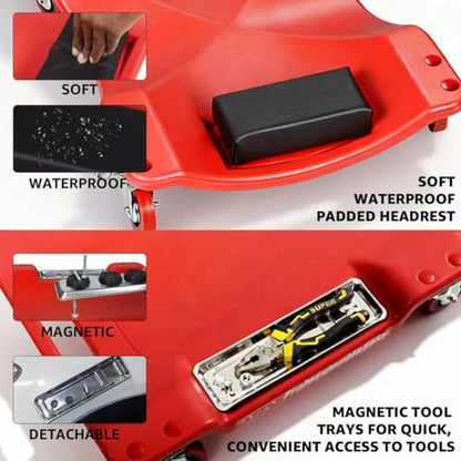 Mechanic's Creeper, 40" Heavy-Duty Creepers with Magnetic Tray, High Quality&Durable Casters, Garage Repair 350LBS Capacity, Low Profile Design, Red - color: Red-Tool tray, size: 40in