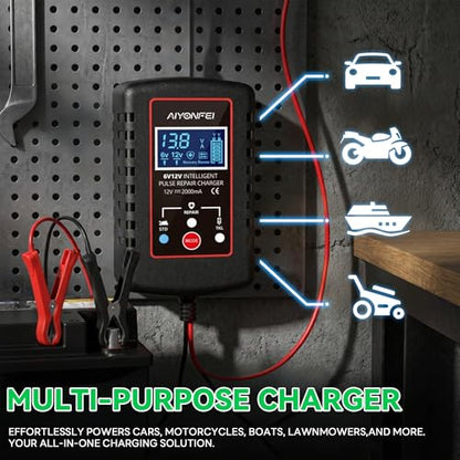 2A Battery Charger 6V/12V Smart Trickle Charger, 1 Black | Battery Maintainer, Lead Acid, Motorcycle, Car, Lawn Mower, Battery Desulfator, Temperature Compensation